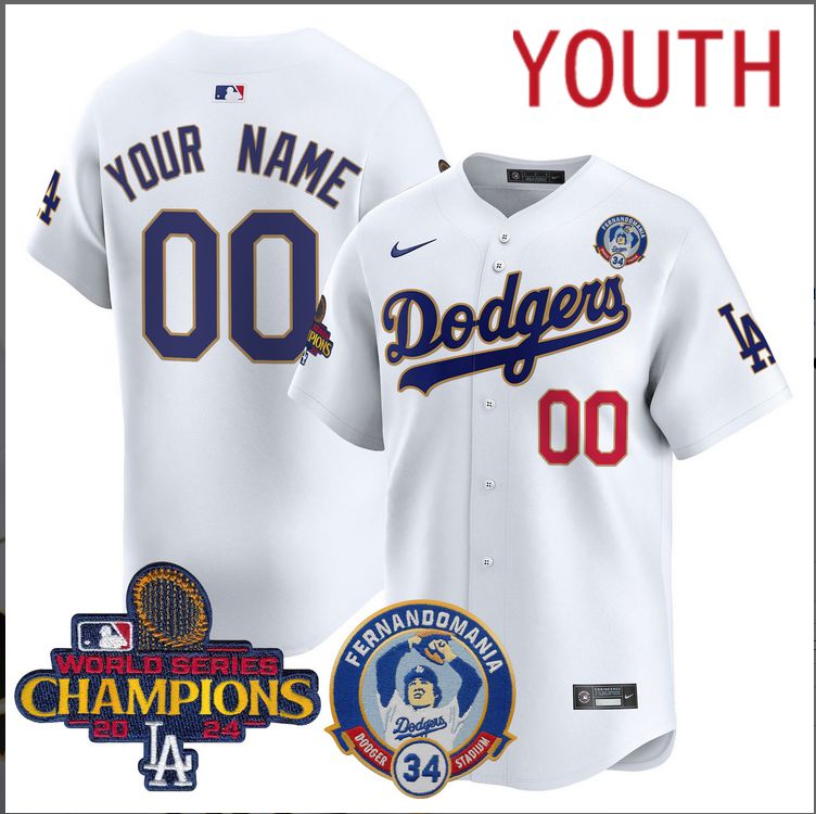 Youth MLB Los Angeles Dodgers Custom white 2024 World Series Champions Patch Cooperstown Jersey style11->customized mlb jersey->Custom Jersey